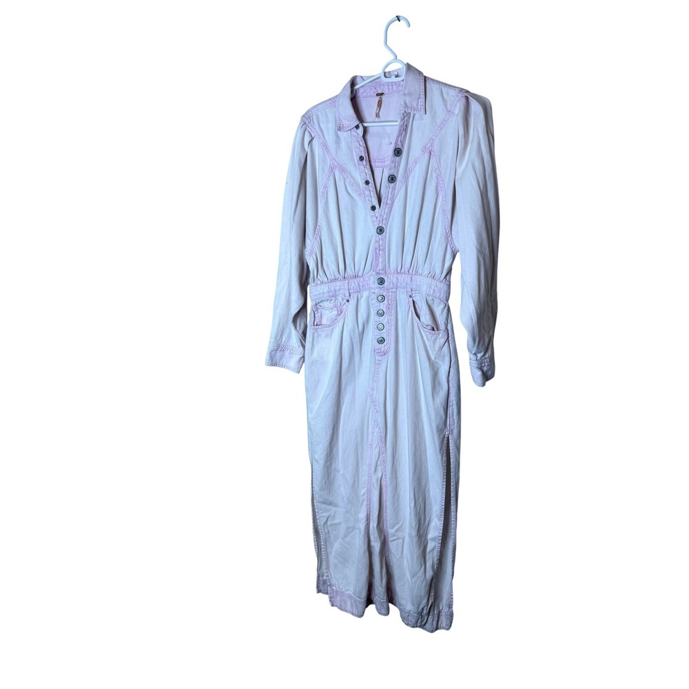 Free‎ People Jumpsuit Womens XS Pink Denim Long Sleeve Army Pockets